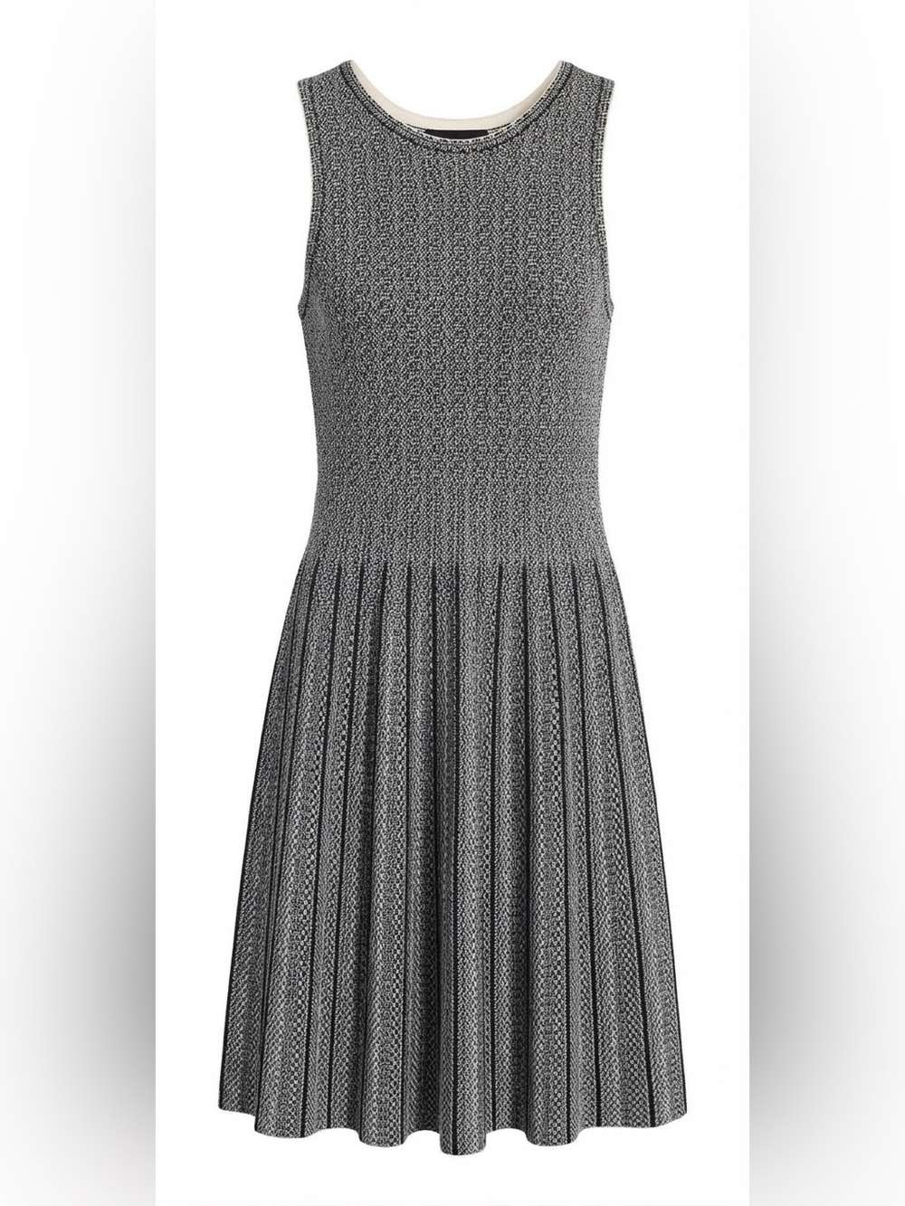 NWT Ann Taylor Knit Fit & Flare Dress Medium Black White Grey Pleated Illusion